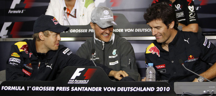 Михаэль Шумахер Себастьян Феттель и Марк Уэббер на пресс-конференции на Гран-при Германии 2010
