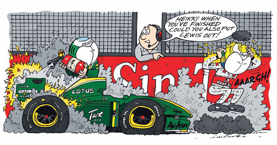 Хейкки Ковалайнен тушит свой Lotus на Гран-при Сингапура 2010 комикс Jim Bamber