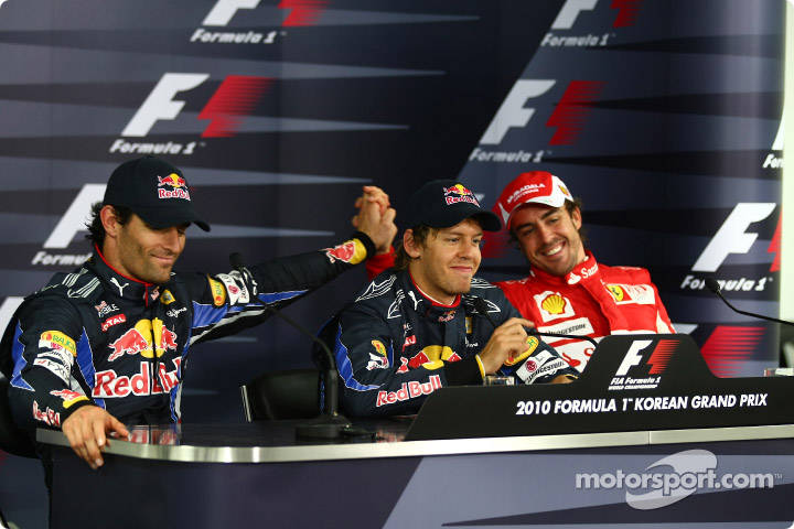 Марк Уэббер Себастьян Феттель и Фернандо Алонсо на пресс-конференции после квалификации на Гран-при Кореи 2010