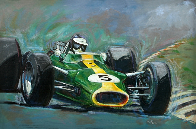 рисунок Джим Кларк на Lotus 49 мчится к победе на Гран-при Нидерландов 1967 года