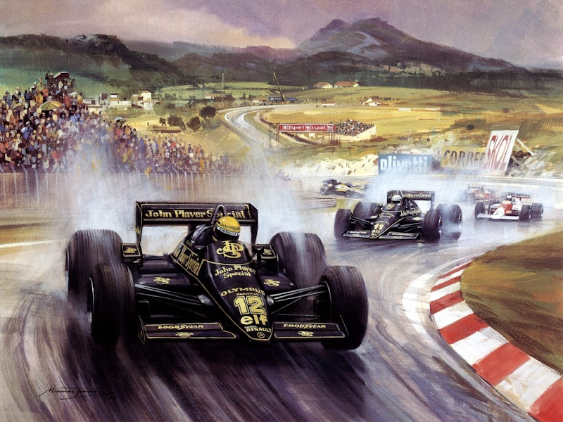 Айртон Сенна лидирует на своем Lotus в Эшториле в 1985 году и мчится к своей первой победе в карьере
