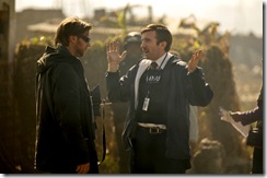 Director Neill Blomkamp (left) and Sharlto Copley on the set of TriStar Pictures' DISTRICT 9.