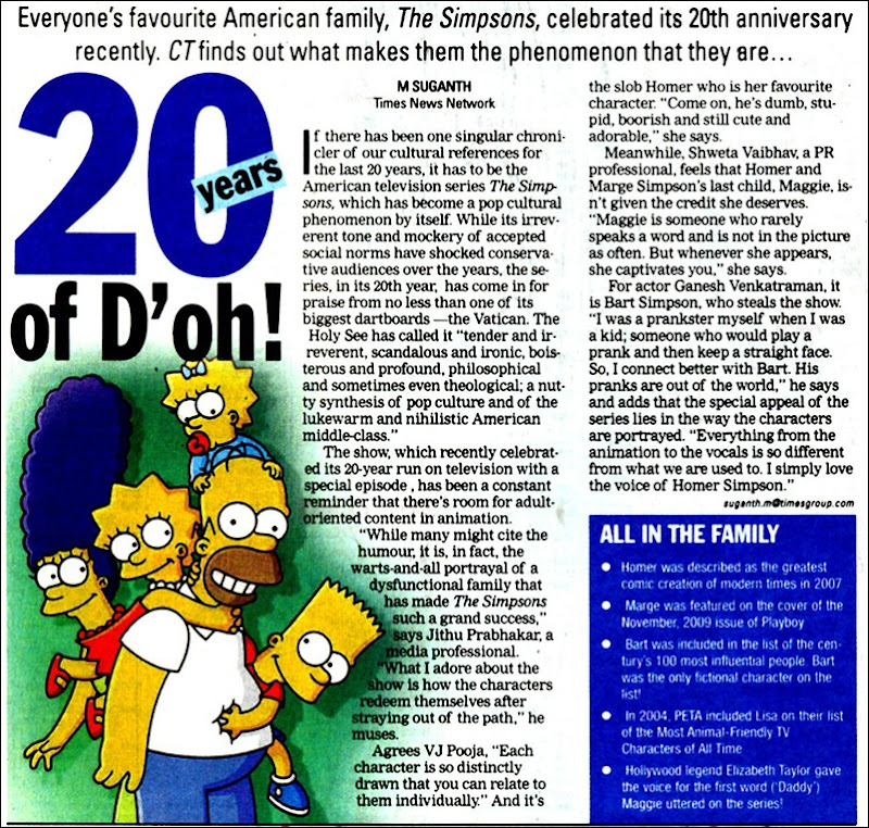 Times of India Chennai Times Page No 1 Dated 14012010 Thursday Simpsons 20 Yrs in TV