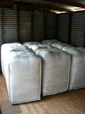 La laine une fois pressee (190kgs par sac, environ $900 par sac)