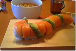 The good and the bland: tasty Michigan roll (foreground),  watery udon