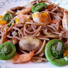 Fiddlehead Ferns and Shrimp over Linguine