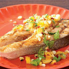 Salmon Steak with Grilled Pineapple and Corn
