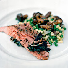 Grilled Sockeye Salmon with Fava Bean, White Corn, and Wild Mushroom Succotash