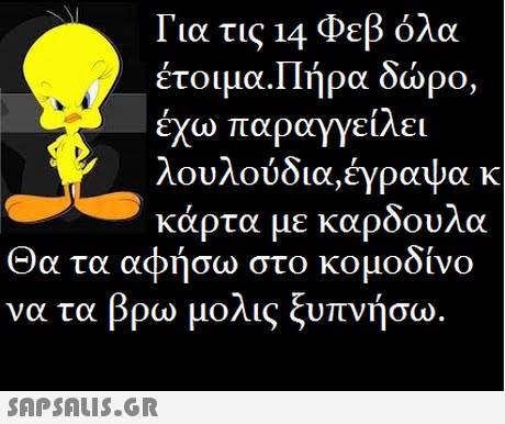 Για τις 14 Φεβ όλα έτοιμα.Πήρα δώρο, έχώ παραγγείλει λουλούδια,έγραψα κ Κάρτα με καρδούλα Θα τα αφήσω στο κομοδίνο 