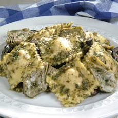 Four Cheese Ravioli with Artichoke Hearts, Olives and Pesto