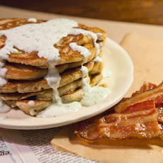 Oatmeal Pancakes with Caramelized Bacon and Herbed Crème Fraiche