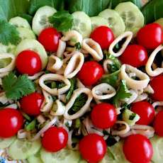 Braised Calamari, Stir-Fried Bok Choy Salad with Cucumber and Cherry Tomatoes
