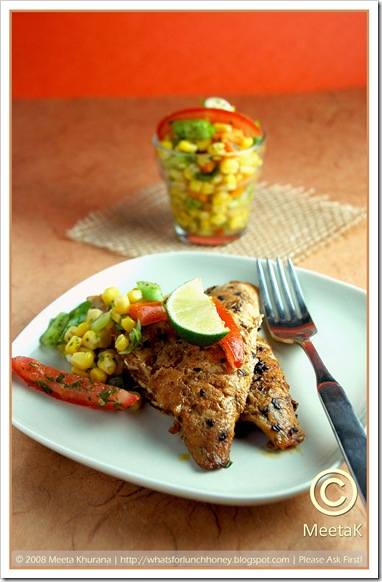 Black Sesame Spicy Sea Bream Corn Coriander Salad (02) by MeetaK BlackSesame SpicySea Bream 02 framed