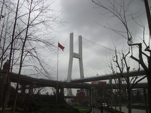 The Nanpu bridge crosses the river in the middle of Shanghai. I spent over an hour walking around here looking for the new subway station... it's well hidden.