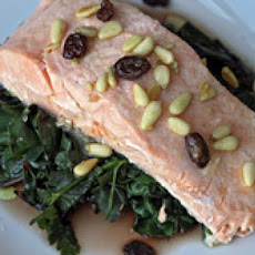 Steamed Salmon with Chard, Pine Nuts, and Raisins