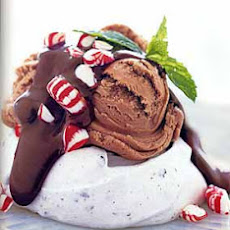 Chocolate Chip Meringues with Ice Cream, Peppermint Candies and Chocolate-Mint Sauce