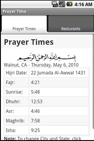 Prayer Time and Resturants