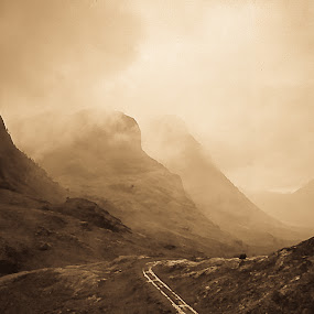 Glen Coe by Stefen Dicks - Travel Places ( glen coe, massacre, clouds, scotland, sepia, wilderness, battle, nature, track, landscape, highlands )