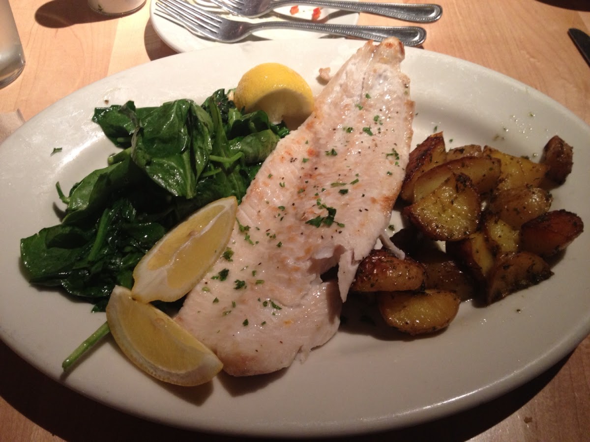 Broiled whitefish with roasted potatoes and wilted spinach