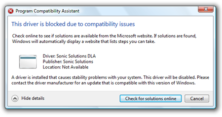 Sonic Solutions Dla Driver Blocked Vista