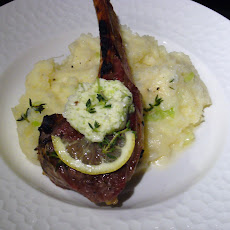 Grilled Double-Cut Lamb Chops, Green Garlic Herb Butter, Green Garlic Mashed Potatoes