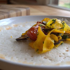 Savory rice crepes with sauteed vegetables