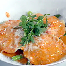 Lump Crabmeat Ravioli with Red Pepper Cream Sauce and Asparagus