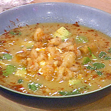 Plantain and Coconut Soup with Shrimp, Tomato and Avocado Salad