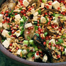 Grilled Eggplant with Pomegranate Seeds, Mint, and Feta