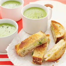 Green-Pea Soup with Cheddar-Scallion Panini