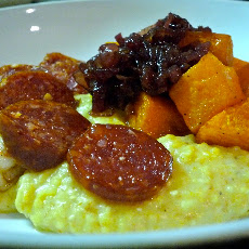 Spiced butternut squash with polenta, shrimp & chorizo