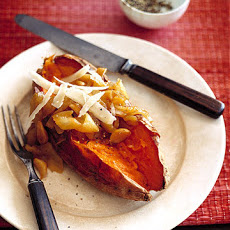 Baked Sweet Potatoes with Caramelized Onions and Shaved Parmesan