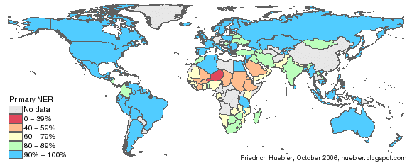 Map of the world with primary school net enrollment rates in 2004