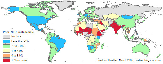 Map of the world showing male-female disparity in primary school net enrollment rate for each country