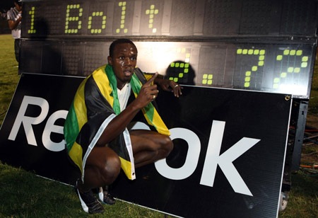 Usain Bolt's 9"72 is 0.02 second faster than that of country fellow Asafa 