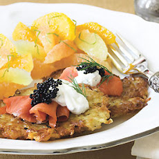 Potato Latkes with Smoked Salmon, Caviar, and Tarragon Crème Fraîche