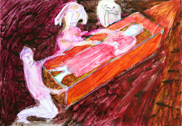 entombment ix (free after a drawing by rembrandt, 2006; mixed technique on paper, 40 x 55 cm)