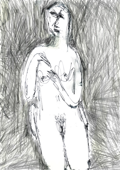 woman, kneeling (2004 ~ 30 x 21 cm ~ ink, alcohol and pencil on paper) 