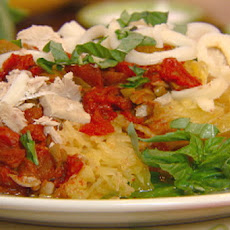 Stuffed Spaghetti Squash with Tomatoes, Olives, Tuna and String Cheese