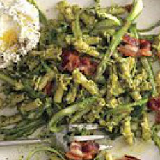 Arugula Pesto Pasta with Ricotta and Bacon