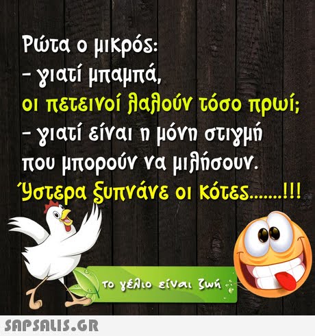 Ρώτα ο μικρός: γιατί μπαμπά οι πετεινοί λαλούν τόσο πρωί; γιατί είναι η μόνη στιγμή που μπορούν να μιλήσουν.  Υστερα Ευπνάνε οι κότες !! ! SAPSAIS.GR