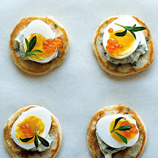 Chive Blini with Creme Fraiche, Quail Eggs, and Tarragon