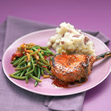 Glazed Pork Chops with Smashed Potatoes and Stewed Green Beans