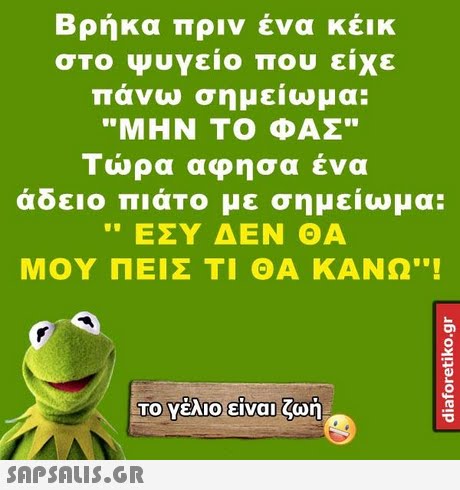 Βρήκα πριν ένα κέικ σΤο Ψυγείο που είχε πάνω σημείωμα: ΜΗΝ ΤΟ ΦΑΣ Τώρα αφησα ένα άδειο πιάτο με σημείωμα:  ΕΣΥ ΔΕΝ ΘΑ ΜΟΥ ΠΕΙΣ ΤΙ ΘΑ ΚΑΝΩ! ΤΟ Υέλιο-είναι ζωή 