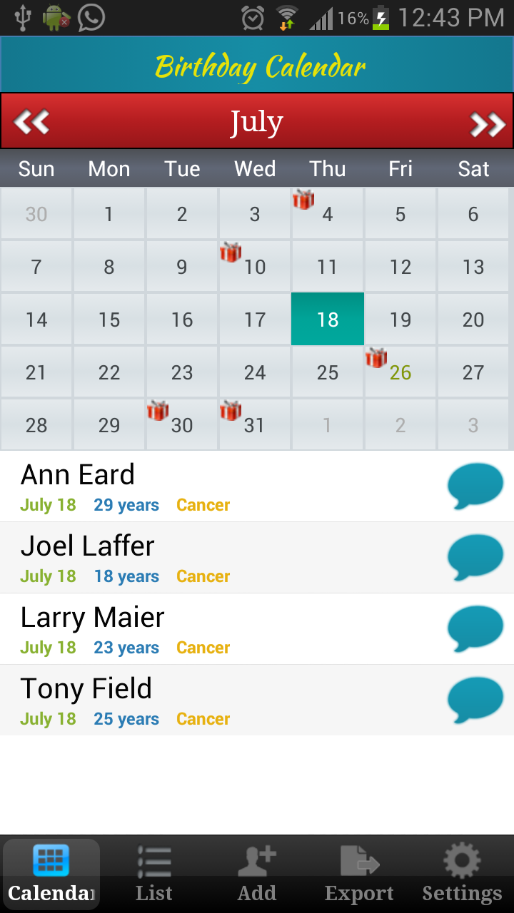 Android application Birthday Calendar screenshort