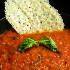 Chunky Tomato Basil Soup with Parmigiano Cheese Crisps