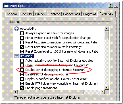 Enabling script debugging in Internet Explorer to enable JavaScript debugging.