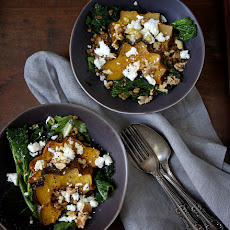 Warm Farro & Mustard Green Salad with Maple Roasted Acorn Squash, Feta & Walnuts