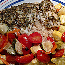 Pesto-topped Sole with Roasted Vegetables & Quinoa