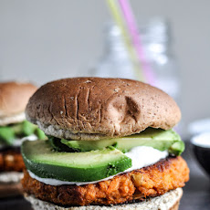 Smoky Sweet Potato Burgers with Roasted Garlic Cream and Avocado